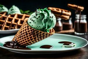 a waffle cone with mint chocolate ice cream. AI-Generated photo