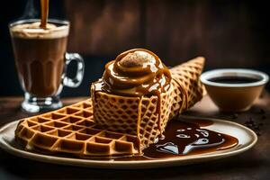 the waffle is topped with caramel and a coffee cup. AI-Generated photo