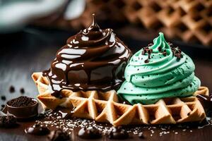 two waffles with chocolate and mint frosting. AI-Generated photo