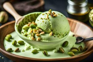 pistachio ice cream in a wooden bowl with pistachio nuts on a black background. AI-Generated photo