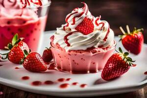 a strawberry cupcake with whipped cream and strawberries. AI-Generated photo