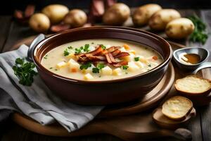 a bowl of potato soup with bacon and bread on a wooden table. AI-Generated photo