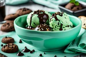 chocolate mint ice cream in a bowl. AI-Generated photo