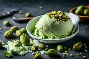 pistachio ice cream in a bowl with pistachios. AI-Generated photo