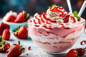 un postre con fresas y azotado crema. generado por ai foto