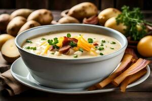 a bowl of potato soup with bacon, cheese and potatoes. AI-Generated photo