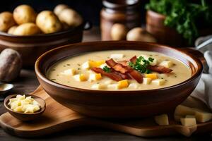 a bowl of potato soup with bacon and cheese. AI-Generated photo