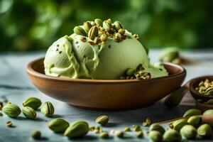 pistachio ice cream in a bowl with pistachio nuts. AI-Generated photo
