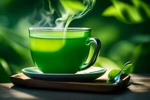 a cup of green tea with a spoon. AI-Generated photo