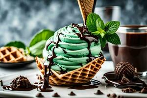 ice cream with mint and chocolate. AI-Generated photo