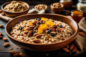 oatmeal with nuts and seeds in a bowl. AI-Generated photo