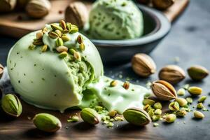 pistachio ice cream with pistachio nuts on a dark background. AI-Generated photo