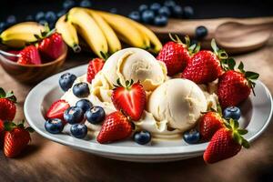 a bowl of ice cream with strawberries, blueberries and bananas. AI-Generated photo