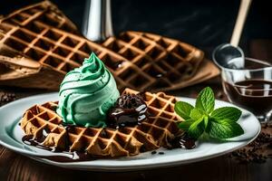 a waffle with chocolate ice cream and mint leaves. AI-Generated photo