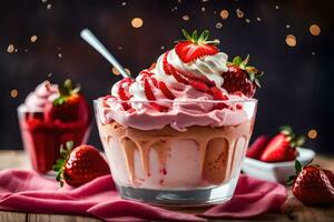 un postre con fresas y azotado crema. generado por ai foto