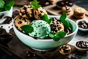 chocolate chip cookies with mint ice cream and mint leaves in a bowl. AI-Generated photo