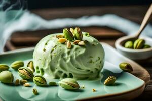 pistachio ice cream on a green plate with pistachios. AI-Generated photo