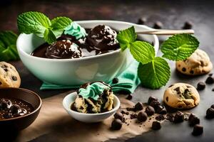 chocolate mint ice cream with cookies and mint leaves. AI-Generated photo