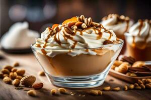 caramel and nuts in a glass dessert. AI-Generated photo