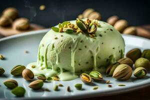 pistachio ice cream on a plate. AI-Generated photo