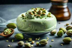 pistachio ice cream in a bowl with pistachios. AI-Generated photo