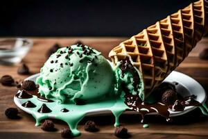 ice cream and chocolate waffle cone on a wooden table. AI-Generated photo