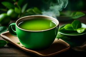 green tea in a cup on a wooden table. AI-Generated photo