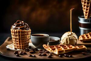 chocolate waffle with ice cream and coffee beans on a wooden table. AI-Generated photo