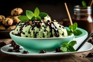 chocolate ice cream with mint leaves and cookies. AI-Generated photo