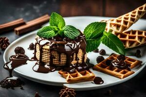 chocolate waffles with chocolate sauce and mint leaves on a white plate. AI-Generated photo