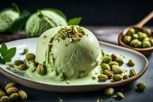 pistachio ice cream with pistachio nuts on a plate. AI-Generated photo