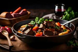 un cuenco de carne de vaca estofado con vegetales y un vaso de rojo vino. generado por ai foto