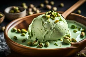 pistachio ice cream in a bowl. AI-Generated photo