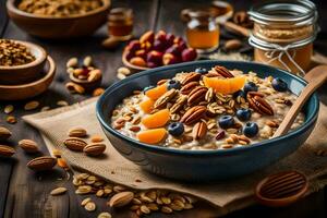 a bowl of oatmeal with nuts and dried fruit. AI-Generated photo