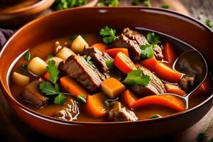 a bowl of beef stew with carrots and potatoes. AI-Generated photo