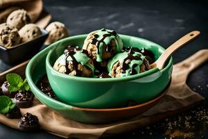 chocolate ice cream with mint and chocolate chips in a bowl. AI-Generated photo