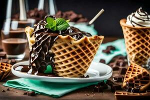 chocolate ice cream in waffle cone with mint leaves. AI-Generated photo