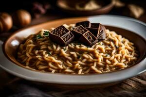 a bowl of pasta with chocolate and nuts. AI-Generated photo
