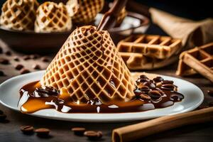 waffle cone with caramel and coffee beans on a wooden table. AI-Generated photo