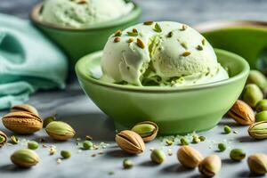 pistacho hielo crema en un verde cuenco con pistachos generado por ai foto