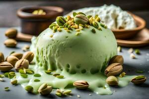 pistachio ice cream with pistachio nuts and whipped cream. AI-Generated photo