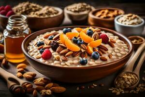 a bowl of oatmeal with nuts and berries. AI-Generated photo