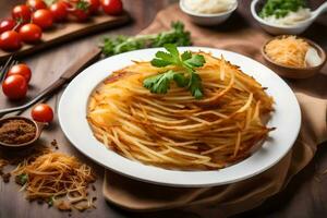 french fries on a plate with tomatoes and herbs. AI-Generated photo