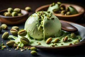 pistachio ice cream with pistachio nuts on a wooden plate. AI-Generated photo