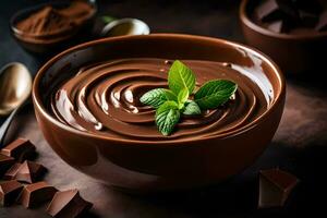chocolate pudding with mint leaves. AI-Generated photo