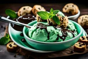 chocolate chip cookie ice cream in a bowl with mint leaves. AI-Generated photo