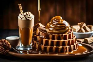 the waffle is topped with caramel and chocolate syrup. AI-Generated photo