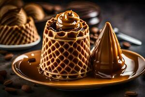 a waffle cone with chocolate sauce and nuts. AI-Generated photo