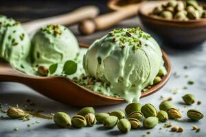 pistachio ice cream in a wooden spoon. AI-Generated photo