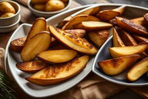 A la parrilla patatas en un de madera mesa. generado por ai foto